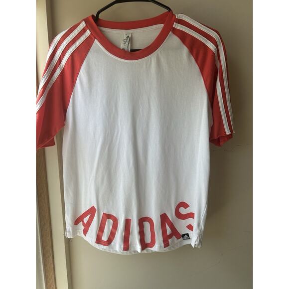 adidas Tops - Adidas Women’s Baseball T-Shirt Sz Medium Spellout Pink White